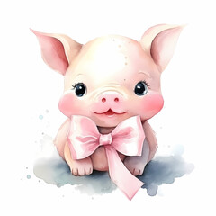 Cute little pig with bow, funny watercolor illustration.