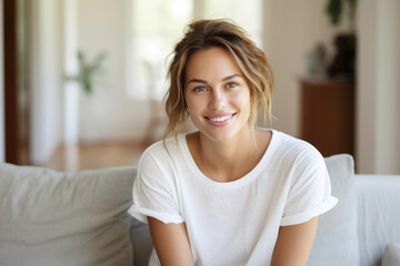 Obraz premium Portrait of young pretty woman in white shirt that is in the domestic room