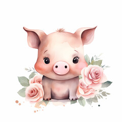 Funny watercolor pig illustration with flowers. Pig for good luck.