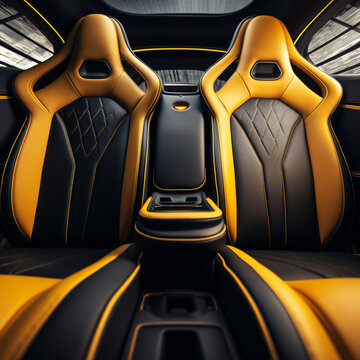 Fotografia con detalle de asientos traseros de coche de lujo deportivo, tapizados en color negro y amarillo