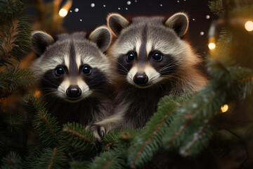 Charming couple of she and him raccoons spending chtistmas festive atmosphere Generative AI picture