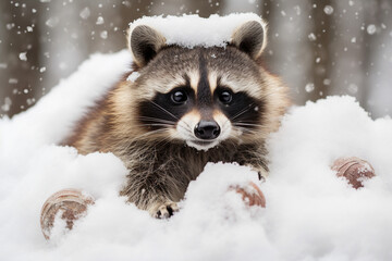 Obraz premium Winter leisure time active funny happy racoon sitting in snow Generative AI