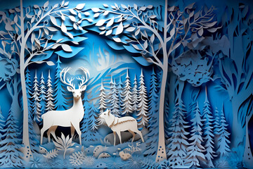 Winter Christmas multilayer openwork picture made of paper. Fairytale landscape.