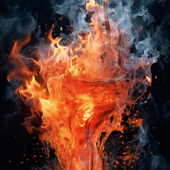 Fotografia con detalle de explosion de fuego y llamas, sobre fondo de color negro - obrazy, fototapety, plakaty