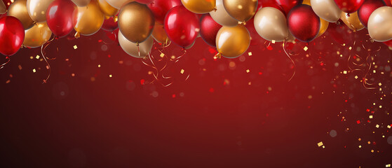 Celebration with gold confetti and red  gold balloons