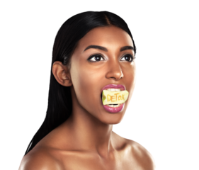 Detox, fruit and woman with apple in her mouth for beauty isolated on a transparent PNG background. Skincare, food and female model or person with natural organic snack for diet, health and wellness