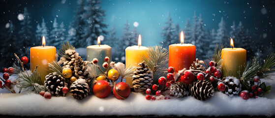  Advent Candles In Christmas Wreath On Snow. - obrazy, fototapety, plakaty