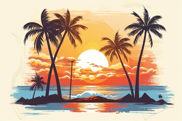 a painting of a sunset with palm trees