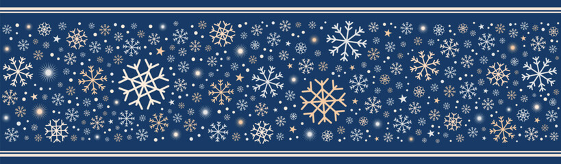 Fototapeta na wymiar New Year background with snowfall pattern, graphic template with flat snowflakes and stars Holiday backdrop, vector illustration.