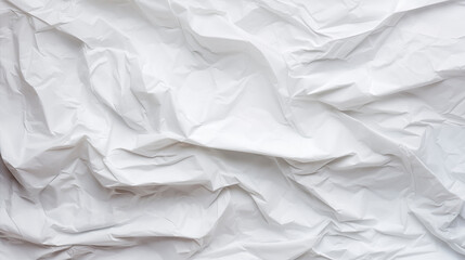 Texture of crumpled white paper, top view. Light gray crumpled paper background, close-up. Blank white paper. Place for text. Copy space