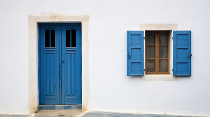 blue door and window, Old ancient colorful textured door and window in a stone wall,  Vintage doorway. Traditional European, Greek architecture. Summer travel