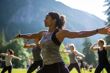 A Fitness Instructor Inspiring Health and Community in an Outdoor Workout Class
