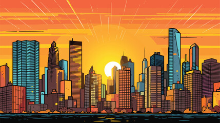 Sunrise sunset behind modern city buildings. Vector cartoon illustration of skyscrapers landscape, cityscape background