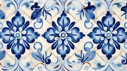 Artistic pattern on tiles made using the majolica technique drawn by hand with watercolors used for textile prints and fabric designsArtistic pattern on tiles made using the majolica technique drawn b