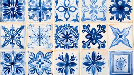 Artistic pattern on tiles made using the majolica technique drawn by hand with watercolors used for textile prints and fabric designsArtistic pattern on tiles made using the majolica technique drawn b - obrazy, fototapety, plakaty