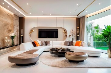 Most luxurious vibrant designer interior concept and decoration, luxurious interior house with sofa, tv etc