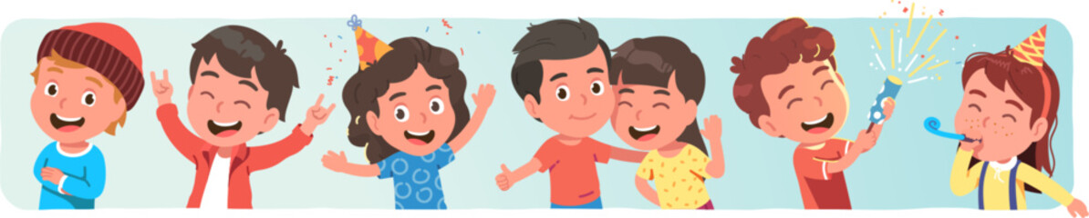 Girls, boys kids friends celebrating holidays raising hands happily. Joyful children people in cone hats with party blower, confetti popper. Holiday celebration fun flat vector illustration set