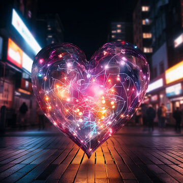 Fotografia con detalle de forma de corazon compuesto por multitud de luces de colores en un paisaje urbano