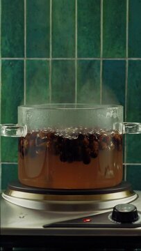 Boiling brown sugar-flavored tapioca balls in a transparent glass pot, an ingredient for bubble tea