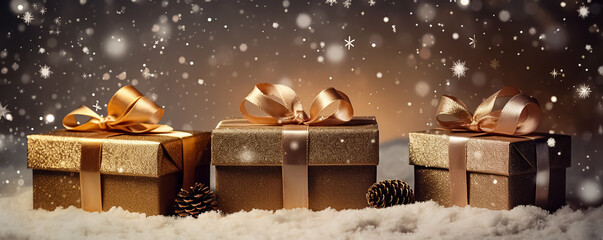 Winter background with Christmas gifts for Black Friday. New Year header for a website.