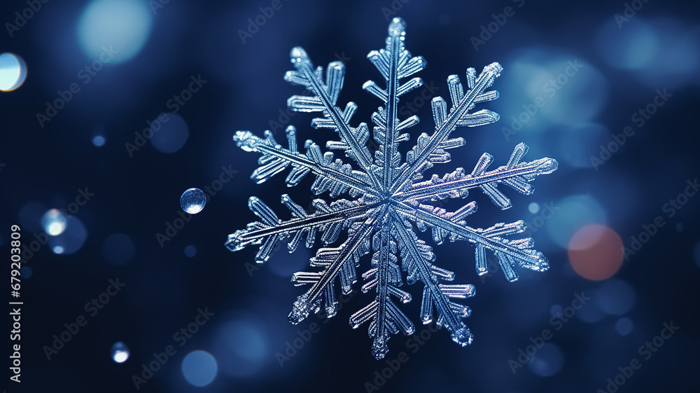 Wall mural winter background with macro shot of a snowflake close up. new year header for a website with copy s