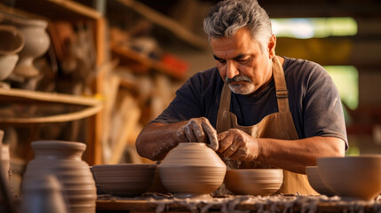 Hispanic artisan crafts a beautiful vase out of clay in his workshop