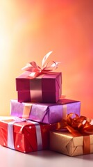 Fototapeta premium Pile of gift boxes for Christmas, New year, happy birthday or another holiday. Colorful mountain of gifts