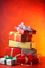 Pile of gift boxes for Christmas, New year, happy birthday or another holiday. Colorful mountain of gifts