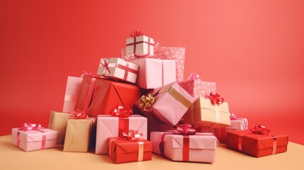 Pile of gift boxes for Christmas, New year, happy birthday or another holiday. Colorful mountain of gifts