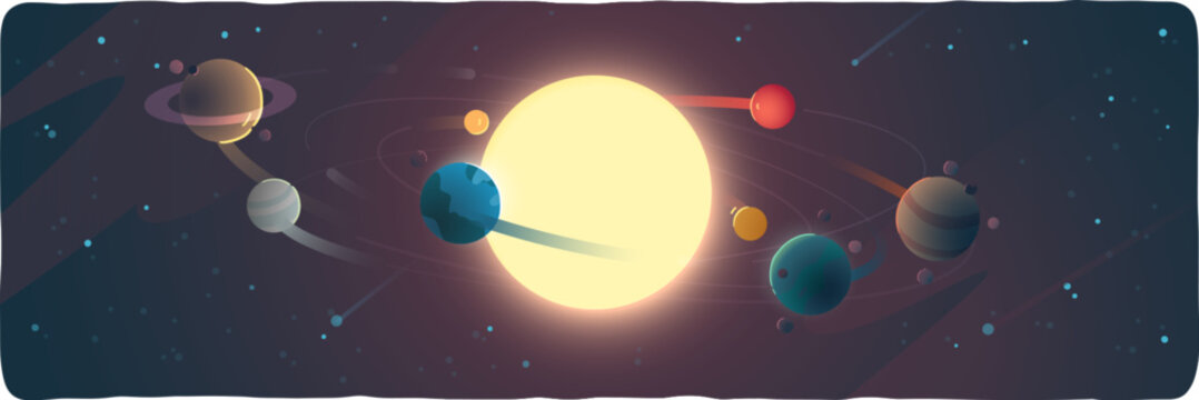 Solar system with sun, planets in orbits. Earth, Saturn, Jupiter, Mars, Mercury globes orbiting Sun outer space. Cosmos exploration, stars discovery, astronomy science flat style vector illustration