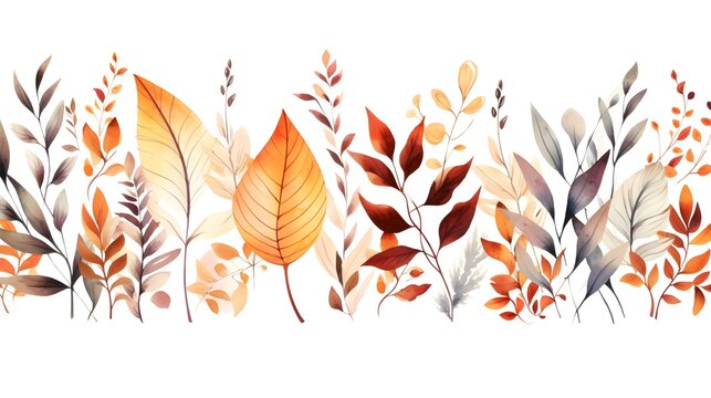 Autumn floral border. Seamless horizontal pattern with hand drawn watercolor leaves. Decoration for Fall, Thanksgiving and Harvest Day design.