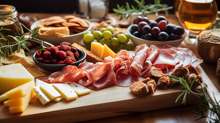 Close up of charcuterie board with meats and cheeses on festive dinner table for, copy space
