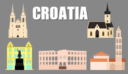 Illustration, tourist attractions landmarks of Croatia Includes St. Mark's Church, Ban Jelacic Square, Zagreb Cathedral, Pula Arena, Diocletian's Palace Split, vector.