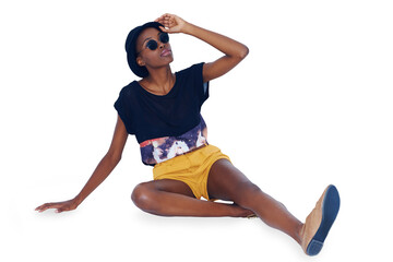 Hipster, fashion or black woman on floor, smile and stylish outfit isolated on transparent...