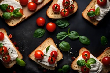 Fresh bread sandwiches with tomato cherry, cream cheese and basil leaves.