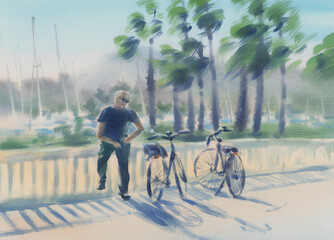 A man resting close to the bicycle watercolor background