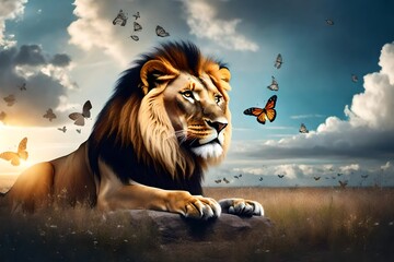 a lion with butterfly sitting on nose, morning cloudy sky banner. Landscape with magic flying...