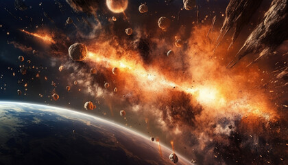 Destruction of a large meteorite in space near a planet.
