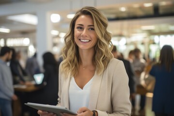 Fototapeta premium Woman teacher talking with students while holding a digital tablet in class