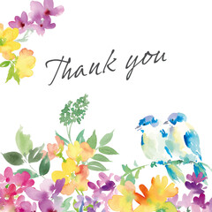 水彩で描いた青い鳥と草花のカード用イラスト