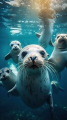 Group of seals swimming under the sea. Aquatic animals.