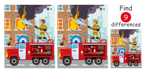 Cute cartoon firefighter extinguishing house fire with water from hose. Fire truck with equipment and tools. Find differences, education game for children. Flat vector illustration.