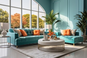 A living room design style filled with the modern charm of turquoise tones.