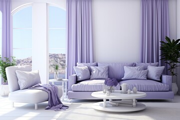 Modern living room design style filled with alluring purple tones.