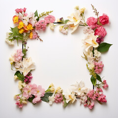 Fototapeta na wymiar Fondo con detalle de marco formado por hojas y flores de diferentes colores, sobre fondo de color blanco