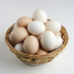 Chicken eggs in a wicker basket on a white background