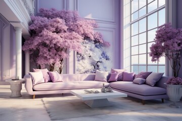 Modern living room design style filled with alluring purple tones.
