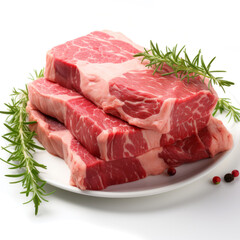 fresh raw beef steak with rosemary on a white background