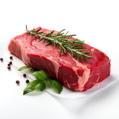 fresh raw beef steak with rosemary, basil and pepper on a white background