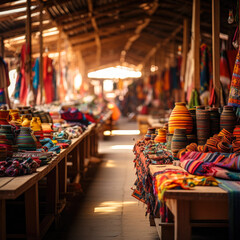 Obraz premium Traditional Hispanic marketplace with colorful textiles on display